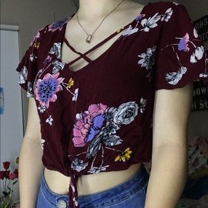 Maroon Floral Cropped Shirt